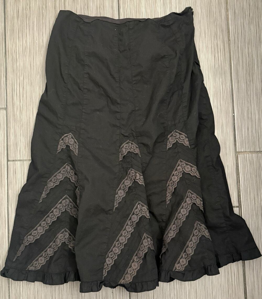 Vintage Angie Black Peasant Midi Skirt Lace Trim Ruffle Black Size XL Whimsigoth